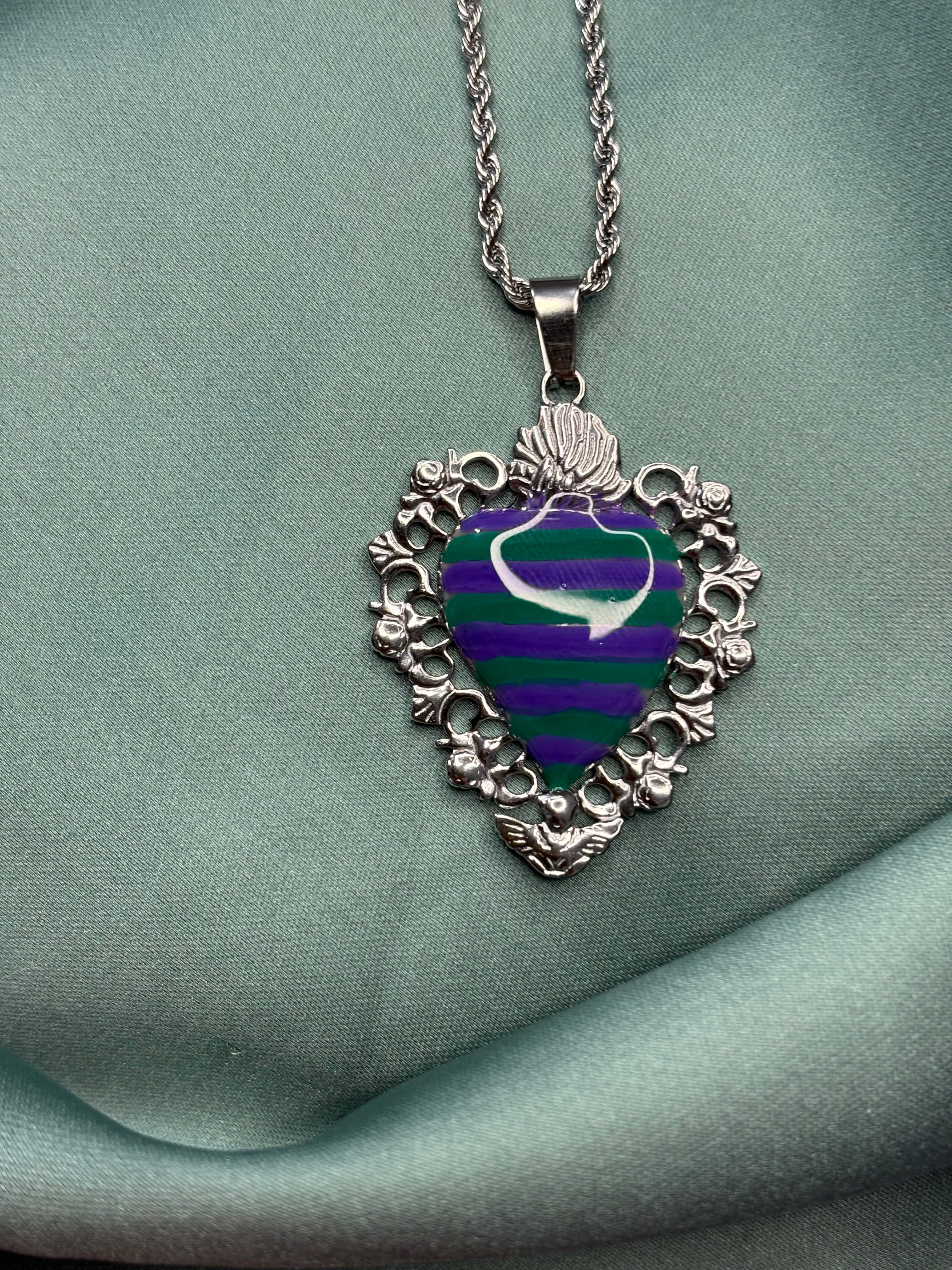 Cuore sacro righe viola verde • argento