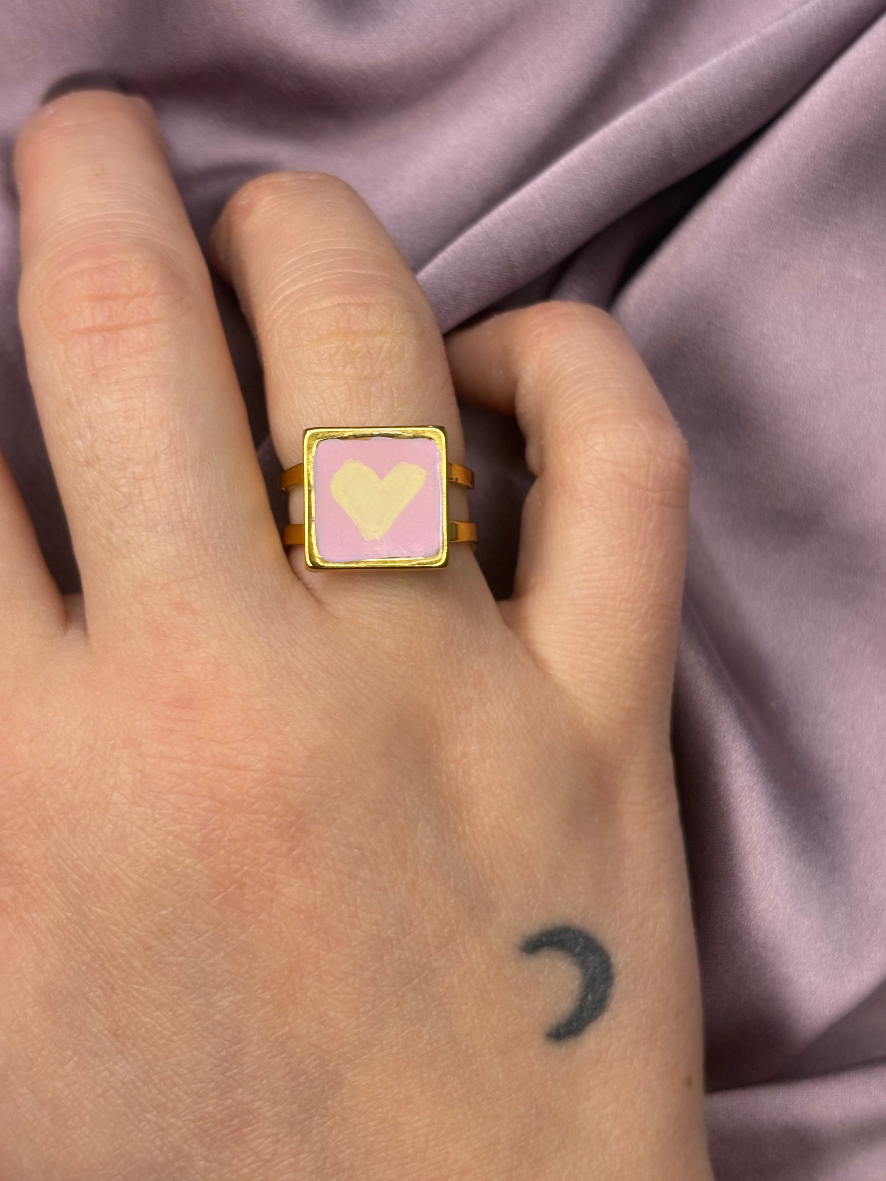 Anello quadrato rosa•giallo